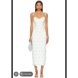 SAYLOR White Calibria Midi Dress w/ Mint Blue Daisy Flowers & Daisy Straps